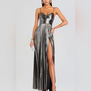 Retrofete Cherith Dress Gunmetal Floor Length Gown Glam Sz XL Metallic High Slit